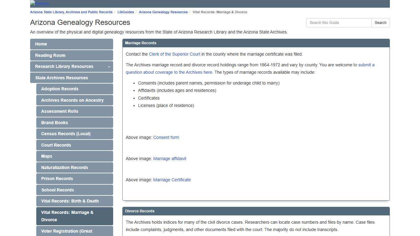 Vital Records: Marriage & Divorce - Arizona Genealogy Resources - LibGuides at Arizona State Library, Archives and Public Records, a division of the Secretary of State
